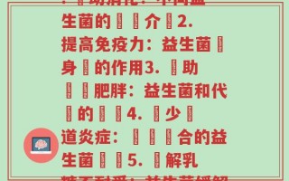 每种益生菌的用途(1. 輔助消化：不同益生菌的優點介紹2. 提高免疫力：益生菌對身體的作用3. 幫助減輕肥胖：益生菌和代謝的關係4. 減少腸道炎症：選擇適合的益生菌種類5. 緩解乳糖不耐受：益生菌缓解不适的秘密)