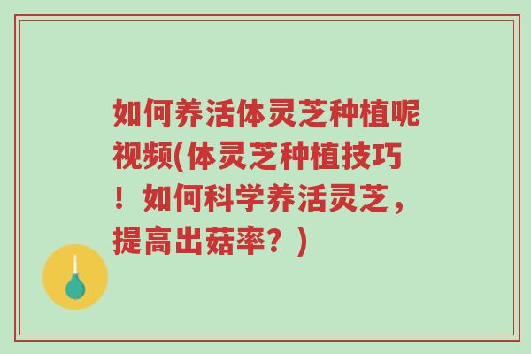 如何养活体灵芝种植呢视频(体灵芝种植技巧!如何科学养活灵芝,提高出菇率?)-第1张图片-超越 如何养活体灵芝种植呢视频(体灵芝种植技巧!如何科学养活灵芝,提高出菇率?)-第1张图片-超越