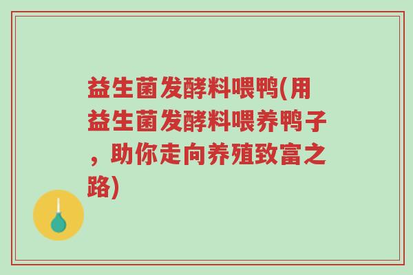益生菌发酵料喂鸭(用益生菌发酵料喂养鸭子,助你走向养殖致富之路)-第1张图片-超越 益生菌发酵料喂鸭(用益生菌发酵料喂养鸭子,助你走向养殖致富之路)-第1张图片-超越